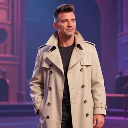 hyperrealistic transcendental rick astley wearing iconic beige trench coat by pixar, bladerunner, rtx on, unreal engine 5