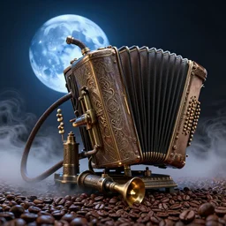 steampunk pump machine bellows accordion pump hoses, intricate detail, volumetric lighting, epic composition, coffee beans, hyper detailed, ultra realistic, sharp focus, octane render, blue moon, volumetric, ray tracing, artstation trending, cgsociety, sense of awe, swirling mist, 4 k