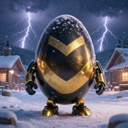 black and gold egg shaped mech suit in a winter village, blizzard, volumetric lighting, night time, lightning in the background