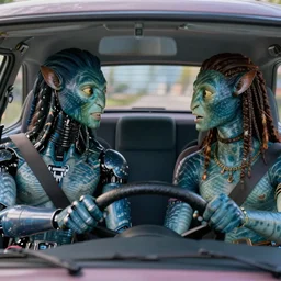a stunning ultra detailed fine art photo of cyborg driver and na'vi passenger arguing in a car, by tom bagshaw, artgerm and natalie shau, artstation, 8 k, deep depth of field, highly coherent, front view of the car, steering wheel