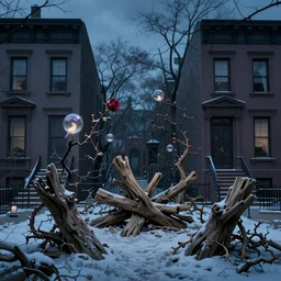 between two 1 9 th century brooklyn brownstone buildings, a surreal small twilight driftwood - sculpture garden, thorny rose - brambles, lambent bubble - birds, tiny mystery, tiny magic, serene overcast atmosphere, midnight - blue, cel - shading, cinematic, edge - to - edge print, rendered by studio ghibli, alyssa monks, andreas rocha, david kassan, snowy