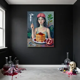 an empty apartment with black walls and a portrait of a female art student holding a brain, iv drip, pomegranate, organic, femme, high voltage, pancakes, berries, octopus, surgical supplies, skull, scientific glassware, art materials, candle dripping wax, berry juice drips, neo - expressionism, surrealism, acrylic and spray paint and oilstick on canvas