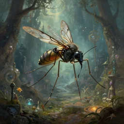 fantasy desktop background, cyperpunk cyborg mosquito, painting, magical, landscape, intricate and detailed environment, raytracing, compute shaders, soft lighting, sharp focus