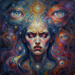 oil painting of painful anger abstract surrealist forms, by yvonne mcgillivray, by mandy jurgens, by michael divine, powerful eyes glowing highly detailed painting of l sadness alone, spiritual abstract forms, symmetrical, trending on art station, abstract emotional anger expression, very very beautiful, fantasy digital art, highly detailed patterned visionary art, magic symbols, by michael divine, cosmic nebula