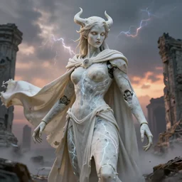 portrait of a diabolical marble cyborg girl, ancient, wearing torn white cape, dynamic pose, thunder, glowing eyes, post apocalyptic ancient ruins, glowing veins subsurface scattering, in clouds, sunset, portrait, by gerald brom, by mikhail vrubel, by peter elson, muted colors, extreme detail, trending on artstation, 8 k