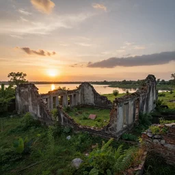 a destroyed and  ruined ancient city full of vegetation at sunset near a lake and with clouds in the sky