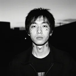 beautiful tragic young chinese man with gutterpunk poke and stick face tattoos at dusk, black & white, richard avedon, 5 0 mm, grainy, low light