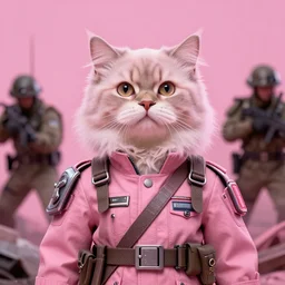 a portrait of a futuristic british longhair cat wear soldier clothes in war scene, pink vibe, hyper realistic, concept art, intricate, hyper detailed, smooth, vibrant, by greg rutkowski
