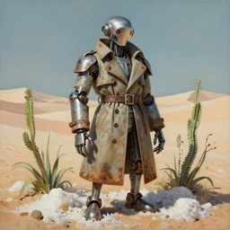 a trenchcoat mutant bot surrounded by salt dunes, matte oil painting, game paper doll, retrofuturistic, science fantasy, plants, rust, chrome, lgbt, queer, rpg, epic, dungeons & dragons, sacred, sharp focus, award - winning, extremely detailed, 4 k, 8 k