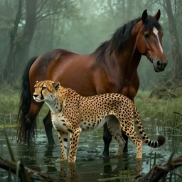 cheetah and horse hybrid, cinematic lighting, swamp, greg rutkowski, artgerm, wlop, artstation, beeple