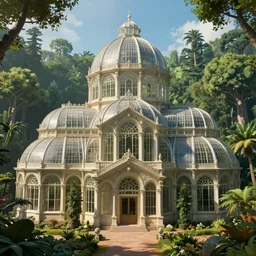 close up view, centered symmetrical, a towering Victorian greenhouse with architecture of Minas tirith from lord of the rings, gorgeous ornate, complex structure, domes, set in a clearing in a lush verdant rain forest :: a clear sunny day, hyperrealistic, microdetailed, nausicaa, breath of the wild, weta digital, megastructure, matte painting, post processing