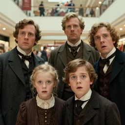 sharp, highly detailed, high quality 70mm frame scan from a sci fi blockbuster color movie made in 2019, a family of four time travelers from 1890 travel in time to 2019, appearing in a shopping mall, looking surprised, the family are all wearing 1880s era clothes, good lighting, in focus, cinematic still, high quality scan, in focus, 35mm macro lens, detailed eyes, realistic faces and details, oscar winner, award winning lighting, award winning photography, ultra high definition