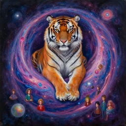 a beautiful painting of a tiger cosmic dmt entity of the upper planes, by mynameistran and artgerm and wlop and loish and alex grey and wlop and wes anderson and spike jonze, trending on artstation, loving and forgiving, wrapped in cosmic infinity