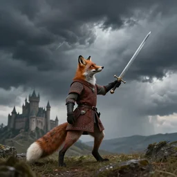 anthropomorphic fox who is a medieval knight holding a sword towards a stormy thundercloud 1 9 3 0 s film still, fantasy castle in the background