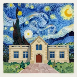 brilliantly colorful lithograph of belmont abbey college in the style of vincent van gogh's starry night