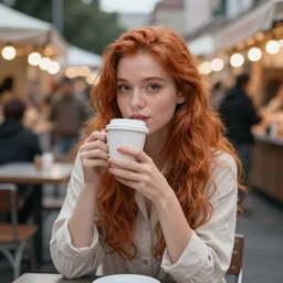 Ultra detailed Hasselblad photo of a stunning pale redhead woman sitting and drinking a coffee at an aesthetic night market, large bokeh elements, 8k, perfect lighting, soft focus, high contrast, 28mm lens
