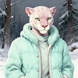 aesthetic portrait commission of a albino male anthro panther wearing a cute mint colored cozy soft pastel winter outfit, winter Atmosphere. Character design by Greg Rutkowski and Thomas Kinkade trending on artstation, detailed, inked, western comic book art, award winning painting
