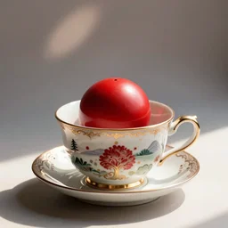 a red ball in a beautiful teacup