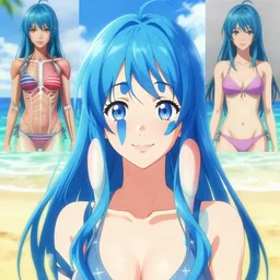 Beautiful lonely girl, blue hair, symmetrically, smiling, anime style, pixiv, pinterest anime, full color, colorful, artist Steve Hanks, artist Alyssa Monks, endless summer art, artist WLOP artstation, artist Mam BA artstation, artist Arata Yokoyama, real photo, very detailed, realistic proportions, knowledge of anatomy, anatomy for beginners, true proportions, artstation trends, octane render, ray tracing, volumetric light