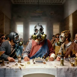the last supper in gas masks, hyperrealistic, volumetric golden dappled dynamic lighting, highly detailed, sharp focus, by michael komarck, greg rutkowski, victo ngai, artgerm, willem claesz heda and j. dicken