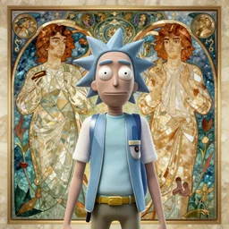 by greg rutkowski, symmetry, concept art by artgerm, distance render portrait of a hyper realistic pixar rick sanchez, intense, epic, powerfull, alphonse mucha, octane render, highly detailed, high quality, 8 k, soft lighting, path traced, and uang guangjian and gil elvgren, symmetry!!