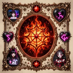 spiked bloodmoon pixie sigil stars, goregrind album cover, baroque bedazzled gothic royalty frames surrounding a hellfire hexed witchcore aesthetic, dark vhs broken hearts, neon glyphs spiked pixelsort fairy kei decora doll, 8mm VHS footage of a japanese horror movie