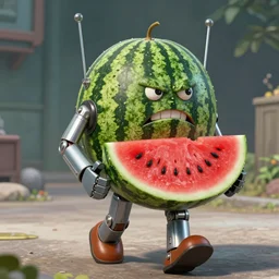 a 1950's sci-fi robot carrying a grumpy watermelon