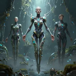 karol bak and tom bagshaw and lecouffe - deharme full body character portrait of the borg queen of sentient parasitic flowing ai, floating in a powerful zen state, supermodel, beautiful and ominous, wearing combination of mecha and bodysuit made of wires and fractal ceramic, machinery enveloping nature in the background, artstation scifi charcter concept render