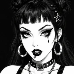 goth girl burlesque psychobilly punk, detailed face, black background, drawing, illustration