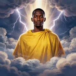 upper half portrait of an african in yellow cape - inside the clouds - surrounded by bolts of lightning - rays of light emanating from clouds - in drew struzan movie poster style, art by drew struzan & hsiao - ron cheng, highly detailed, digital painting, ray tracing, illustration, smooth, sharp focus, intricate, symmetry, artstation,