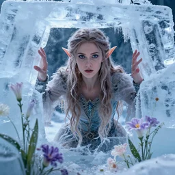 a fantasy elf woman trapped and frozen trying to get out of a block of clear ice, with frozen flowers around her