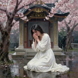 a crying woman in a white gown kneeling at a beautiful shrine under a cherry blossom tree, rainy wet, ultradetailed, hd 8 k, agostino arrivabene, oil on canvas, detailed brushstrokes
