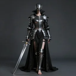 full portrait, female vampire knight in black heavy armor, metal mask, gladiator sandals, barefoot, little skin shown, enchanting, mysterious, elegant, realistic proportions, ghostblade, wlop, good lighting, reasonable fantasy