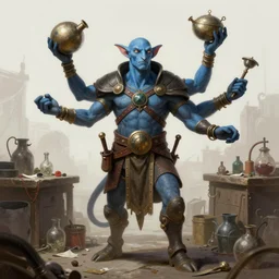 a four - armed, blue vedalken artificer in a tinkers lab, portrait, digital painting, trending on artstation, concept art, sharp focus, illustration, art by artgerm, greg rutkowski, and magali villeneuve