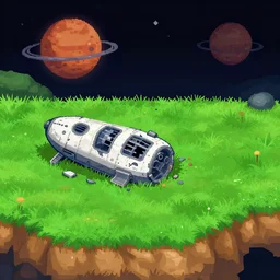 next to a the wreckage of a small spaceship on a grass field, on an alien planet, from a sierra point and click 2 d graphic adventure game, set design inspired slightly by ( ( ( ( ( tomb raider ) ) ) ) ), art inspired by [ [ thomas kinkade ] ] and mark keathley and greg rutkowski