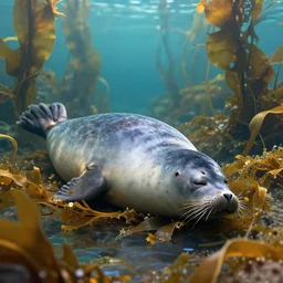 A seal sleeping peacefully in a kelp forest, Prince in pastel!, cinematic, hyper realistic, detailed, 8k, octane render.