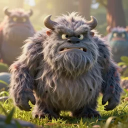 shaggy fluffy angry monsters close - up upscale, detailed, concept art, low angle, high detail, warm lighting, volumetric, godrays, vivid, beautiful, trending on artstation, by jordan grimmer, huge scene, grass, art greg rutkowski