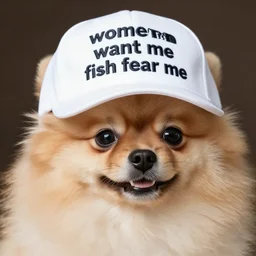 close - up of a pomeranian wearing a a hat that reads women want me fish fear me, high resolution photo