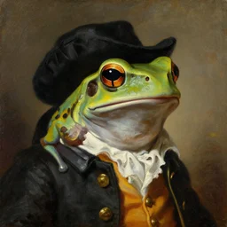 a head and shoulders portrait painting of an anthropomorphic!!!!!!!!!! amazon milk frog!!!!!!!!!! wearing a colonial!!!!!!!!!! outfit without a hat looking off camera, a character portrait, neoclassicism, history painting, oil on canvas, dense brushstrokes