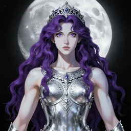portrait of young broad shouldered mighty prophetess of the moon, silver filigree armor and tiara, moon above head, purple wavy hair, translucent skin, wide striking eyes, beautiful! coherent! by brom, by junji ito, strong line, high contrast, muted color