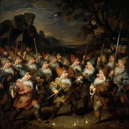 baroque painting of army of dwarves at night