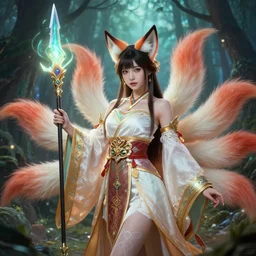 ahri by yuumei | by wlop | fantasy | ornate traditional chinese gown | holding a glowing spear | mystical forest | dragon | digital | very detailed | by natalie shau | portrait | the nine - tailed fox | league of legends | jeffrey smith
