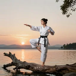a gorgeous woman doing karate moves in a white dress on a fallen tree over a lake sunset epic hyperrealistic render octane art digital