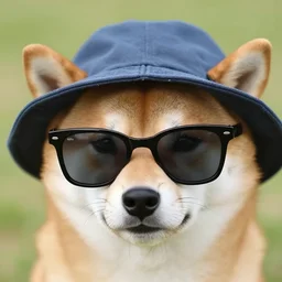 a shiba inu wearing sunglasses and a hat, close up