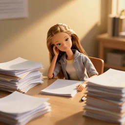 a barbie doll with an exhausted!!!! expression sits at a desk with several large stacks of paper on it. her head is resting on her hand. golden hour, photorealistic,