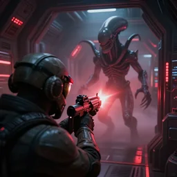 closeup macro over the shoulder shot a mass effect soldier shooting a cthulhu lovecraft alien xenomorph monster in a furnished mass effect science fiction spaceship laboratory hallway, dramatic lighting, octane, red led lights, lens flare, trending on artstation, mist, mass effect, volumetric lighting