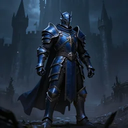 Grimdark Paladin, justice, navy blue armor, darkness, shadowy castle background, heroic pose, dnd, d&d, trending on artstation, artstationHD, artstationHQ, matte painting, chiaroscuro