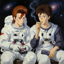 by oka yasutomo and anna dittmann close up portrait of david bowie and astronaut major tom sit on the dark side of the moon, listen to pink floyd on an old cassette recorder and smoke a ganja joint, enjoying the contemplation of deep space with millions of galaxies : baroque oil painting anime, by greg rutkowski, makoto shinkai takashi takeuchi studio ghibli