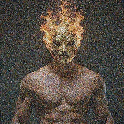A man wearing golden mask, hair like fire, muscular, in dark soul
