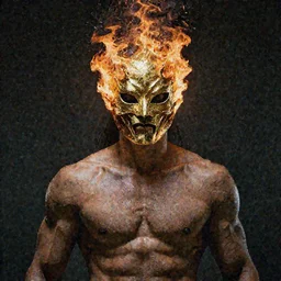 A man wearing golden mask, hair like fire, muscular, in dark soul